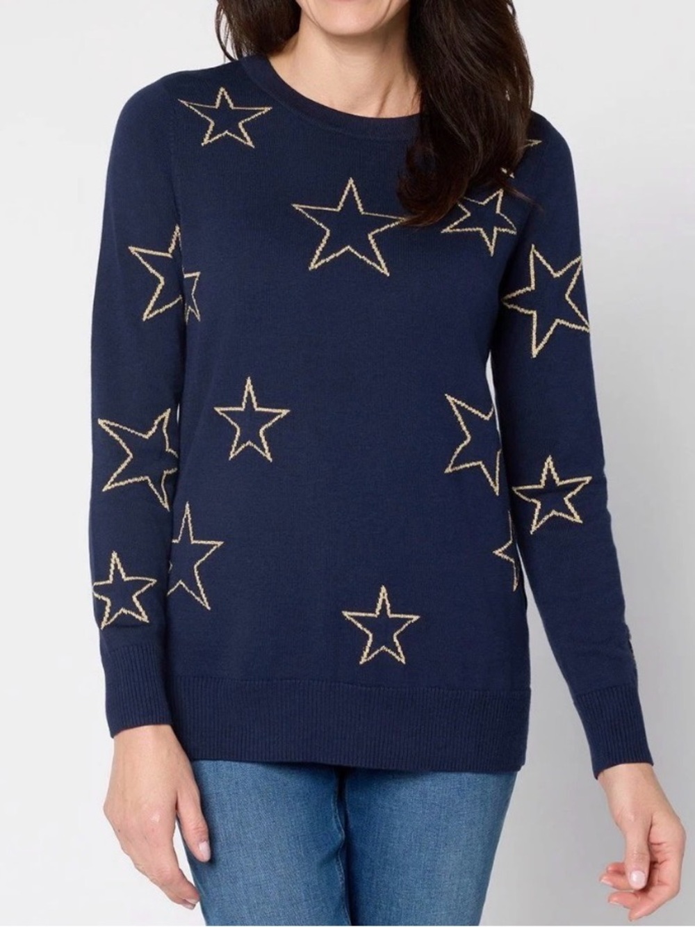 Belle by Kım Gravel Sketchy Open Shining Star Sweater Twilight Navy Gold Size 3X